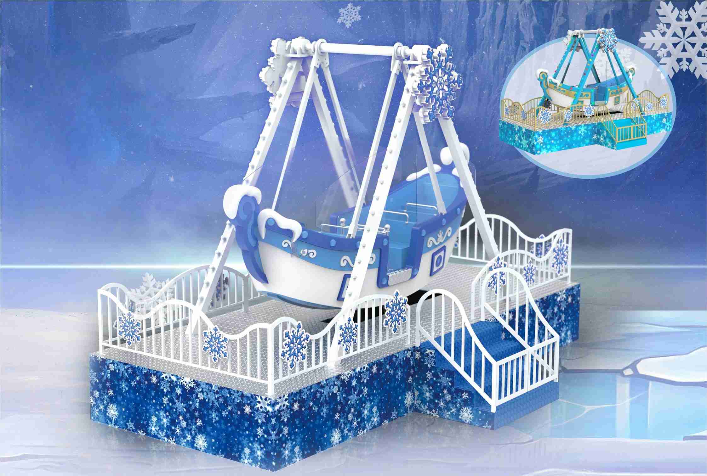 Minibarco pirata con temática de nieve para niños, con carrocería de fibra de vidrio azul y blanca, ideal para parques de atracciones - SUNHONG