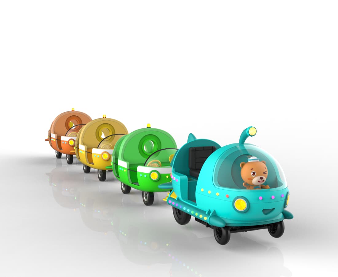 Renderização frontal dos vagões elétricos sem trilhos Ocean Train à venda, com luzes de LED e motorista de urso de desenho animado. - SUNHONG