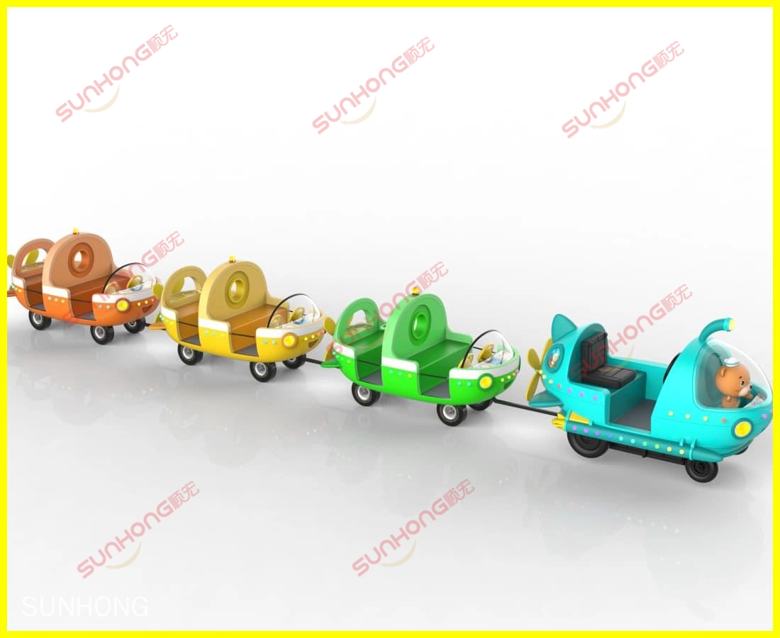 lautan-kereta-elektrik-tanpa-jalan-kereta-sebelah-render - SUNHONG Render sudut sisi kereta api tanpa jejak Ocean Train dengan empat kabin berwarna-warni, direka untuk tempat hiburan mesra keluarga. - SUNHONG