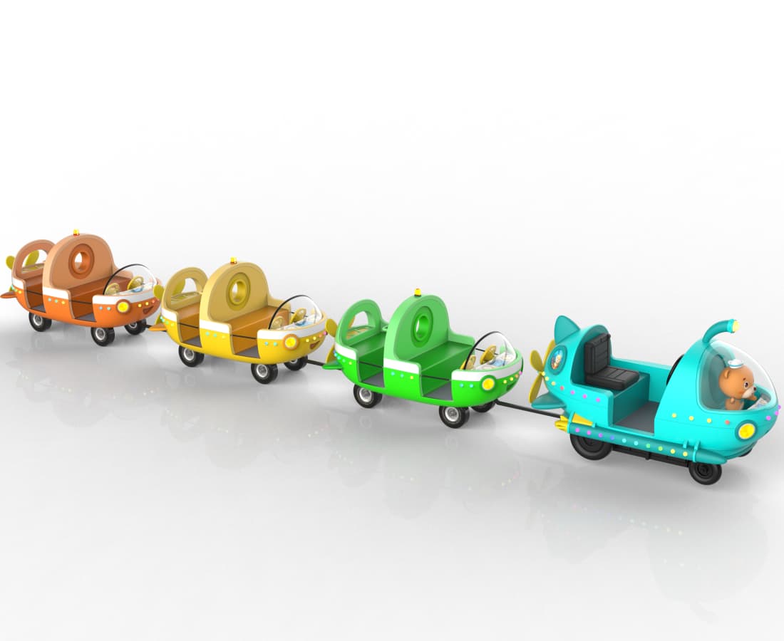 Renderização em ângulo lateral do trem sem trilhos Ocean Train com quatro cabines coloridas, projetado para locais de diversão para toda a família. - SUNHONG