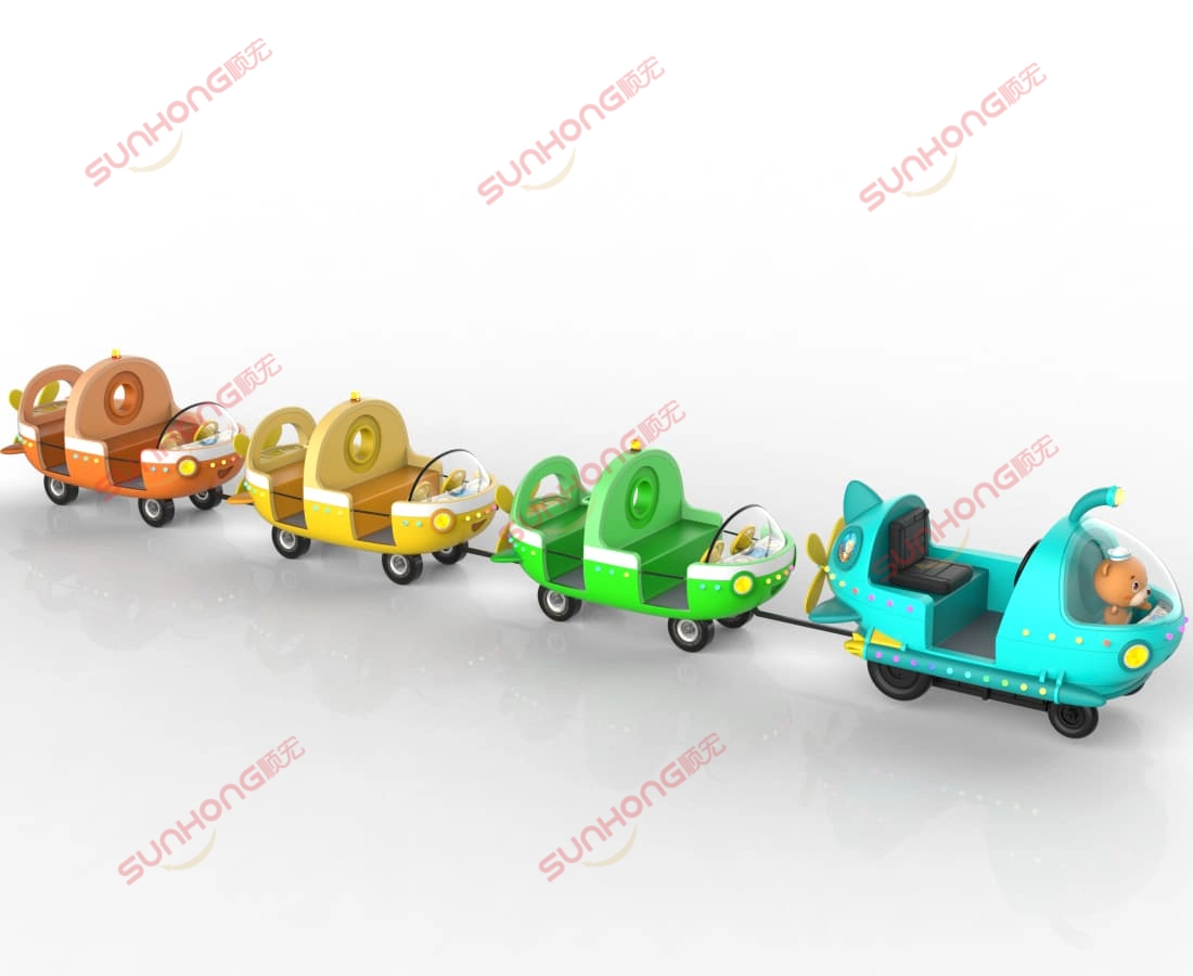 ocean-train-electric-trackless-train-side-render - SUNHONG Side angle render of Ocean Train trackless train with four colorful cabins, designed for family-friendly amusement venues. - SUNHONG