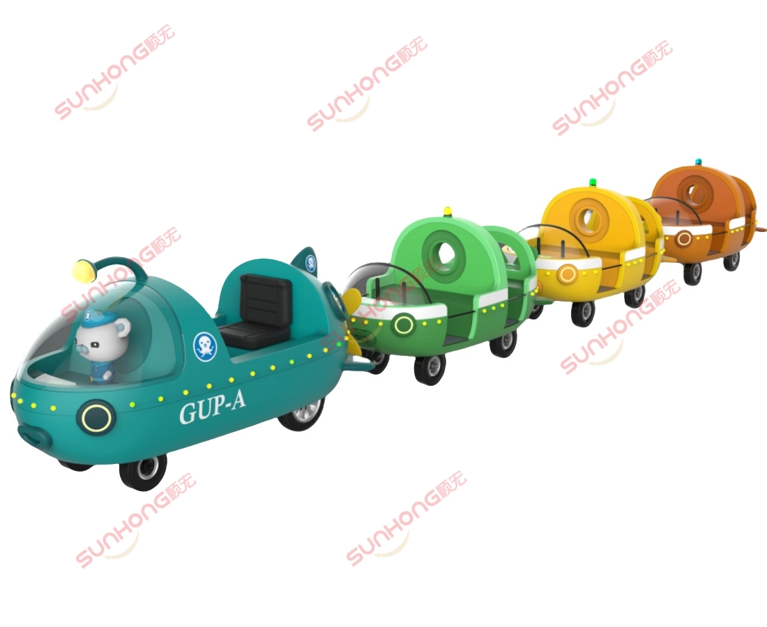 octonauts-13p-trackless-train-product-render - SUNHONG Studio render of Octonauts 13P electric trackless train with 5 colorful cabins, ideal for indoor and outdoor theme parks. - SUNHONG