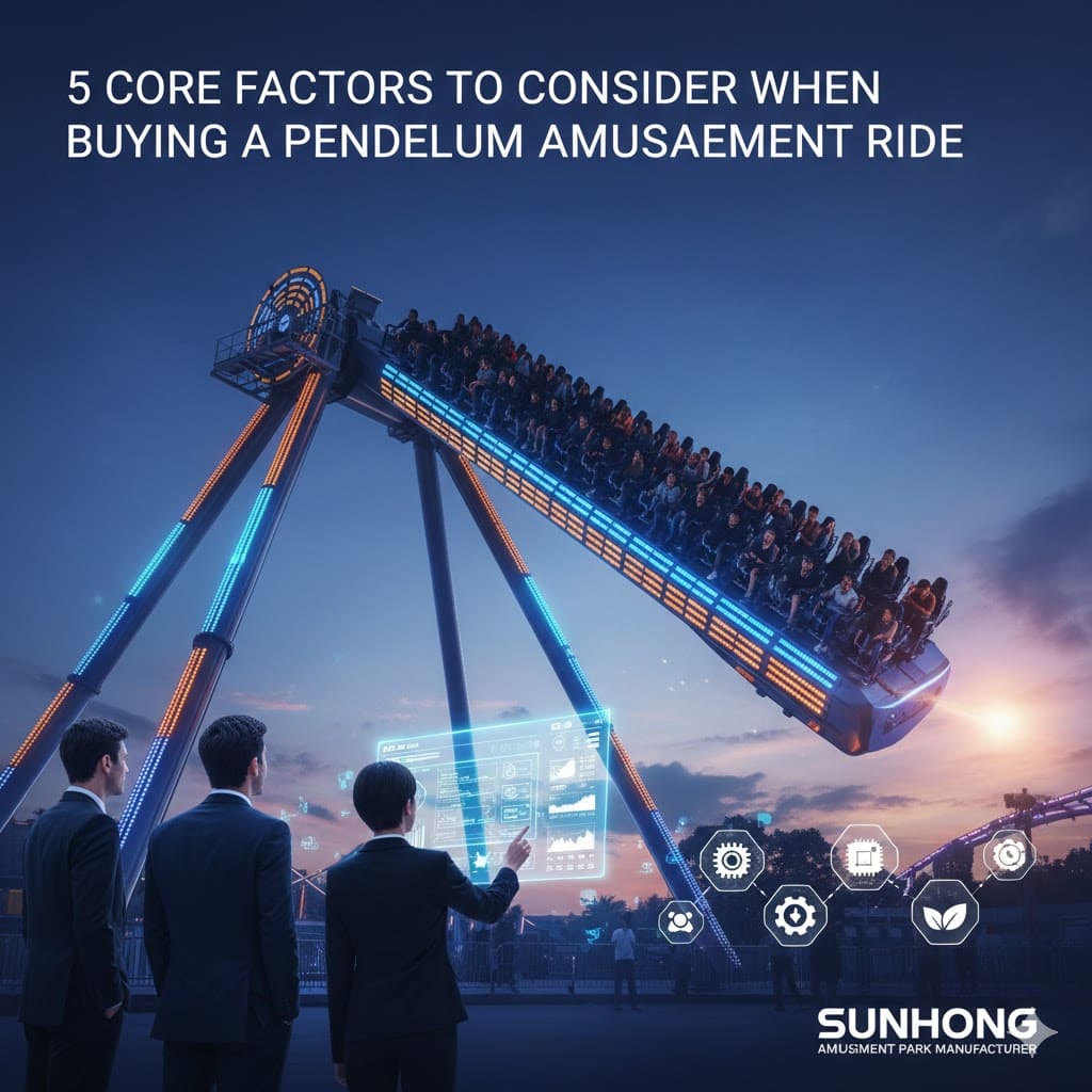 Sunhong Amusement Park Manufacturers showcasing a pendulum ride to potential buyers. - SUNHONG