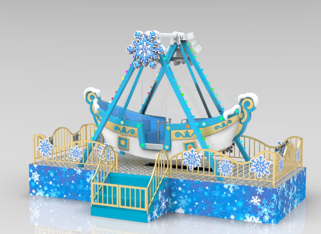Primer plano del increíble paseo en barco pirata de hielo con materiales FRP detallados y obras de arte temáticas.
