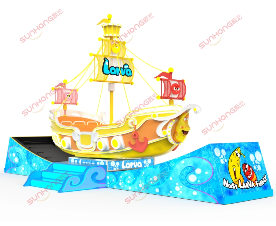 pirate-ship-swing-ride-side-view-larva-drifting-design.jpg - SUNHONG Side view design of the Larva Drifting pirate ship swing ride with base, showcasing the equipment's structure and design for a pirate boat ride. - SUNHONG