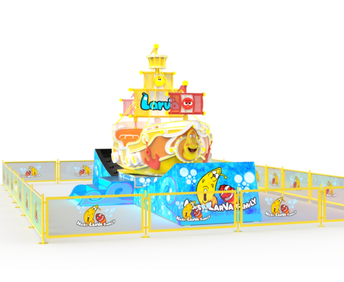 Front view design of the Larva Drifting pirate ship swing ride, featuring the base and protective fencing, ideal for a pirate ship theme park. - SUNHONG