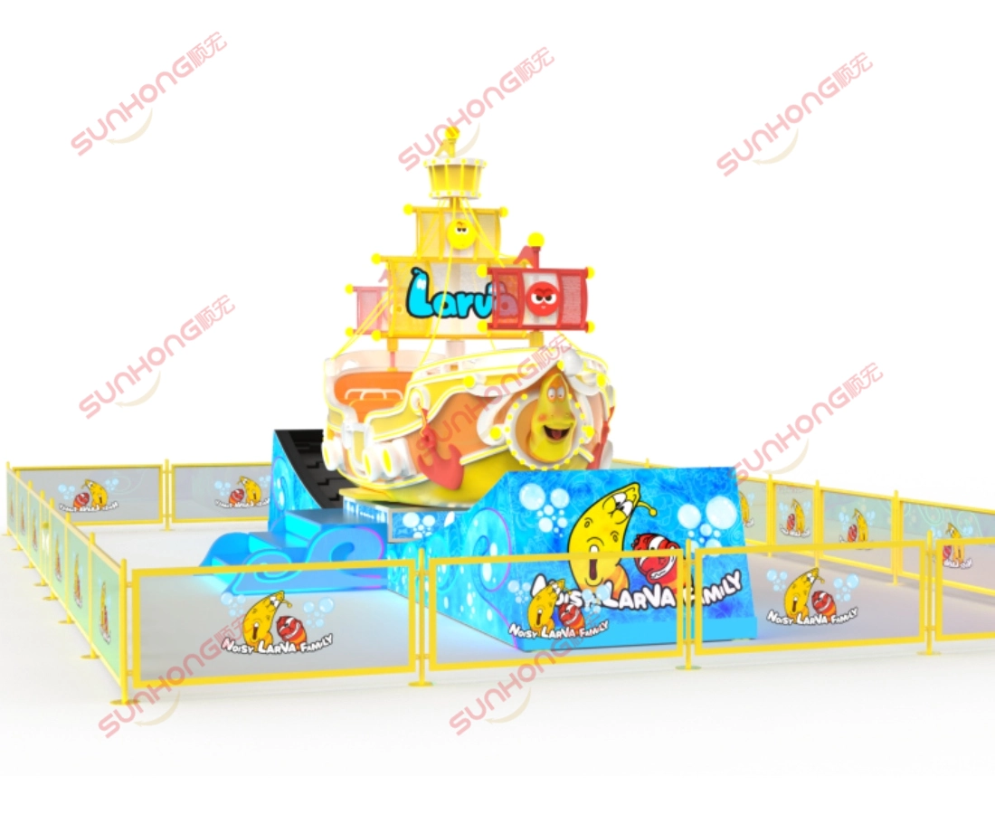 Product Design Diagram (Front View) - SUNHONG Front view design of the Larva Drifting pirate ship swing ride, featuring the base and protective fencing, ideal for a pirate ship theme park. - SUNHONG