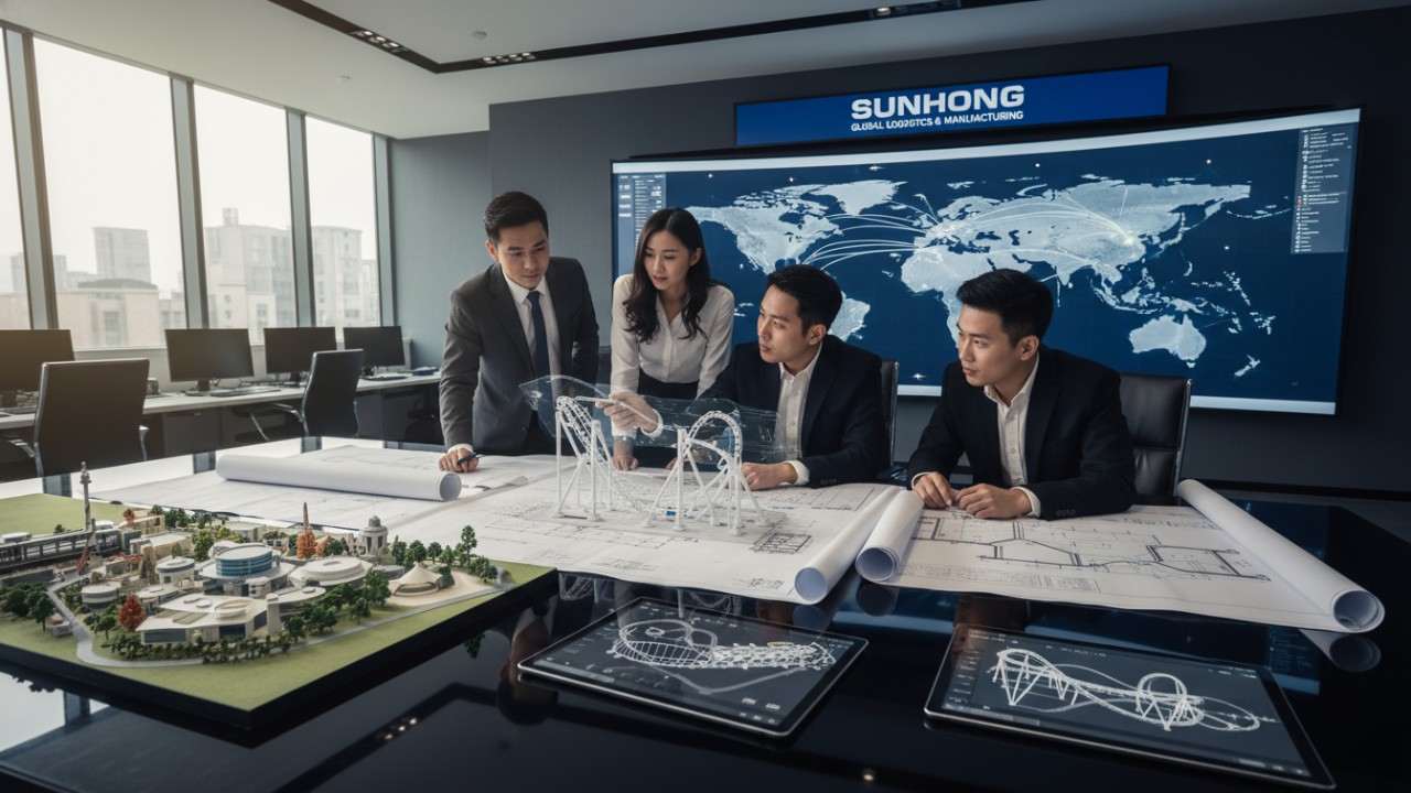 Professional theme park developers planning ride sourcing with SUNHONG branding visible on a digital screen.