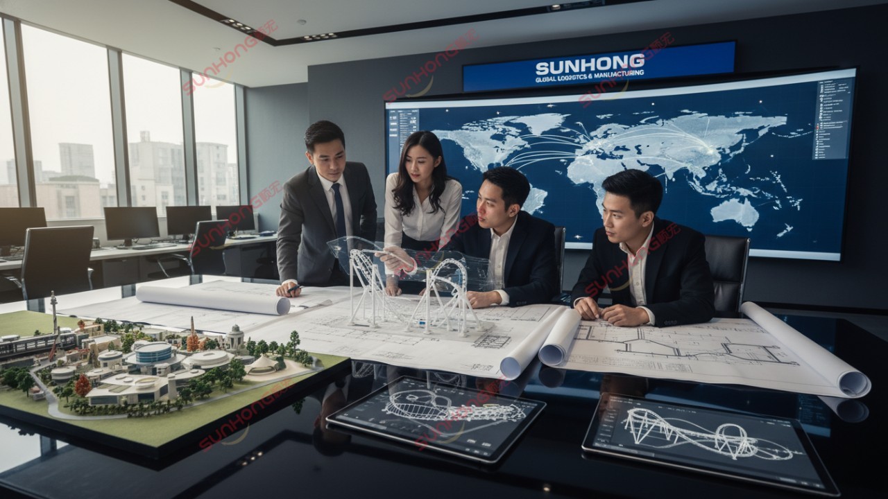 Professional theme park developers planning ride sourcing with SUNHONG branding visible on a digital screen.