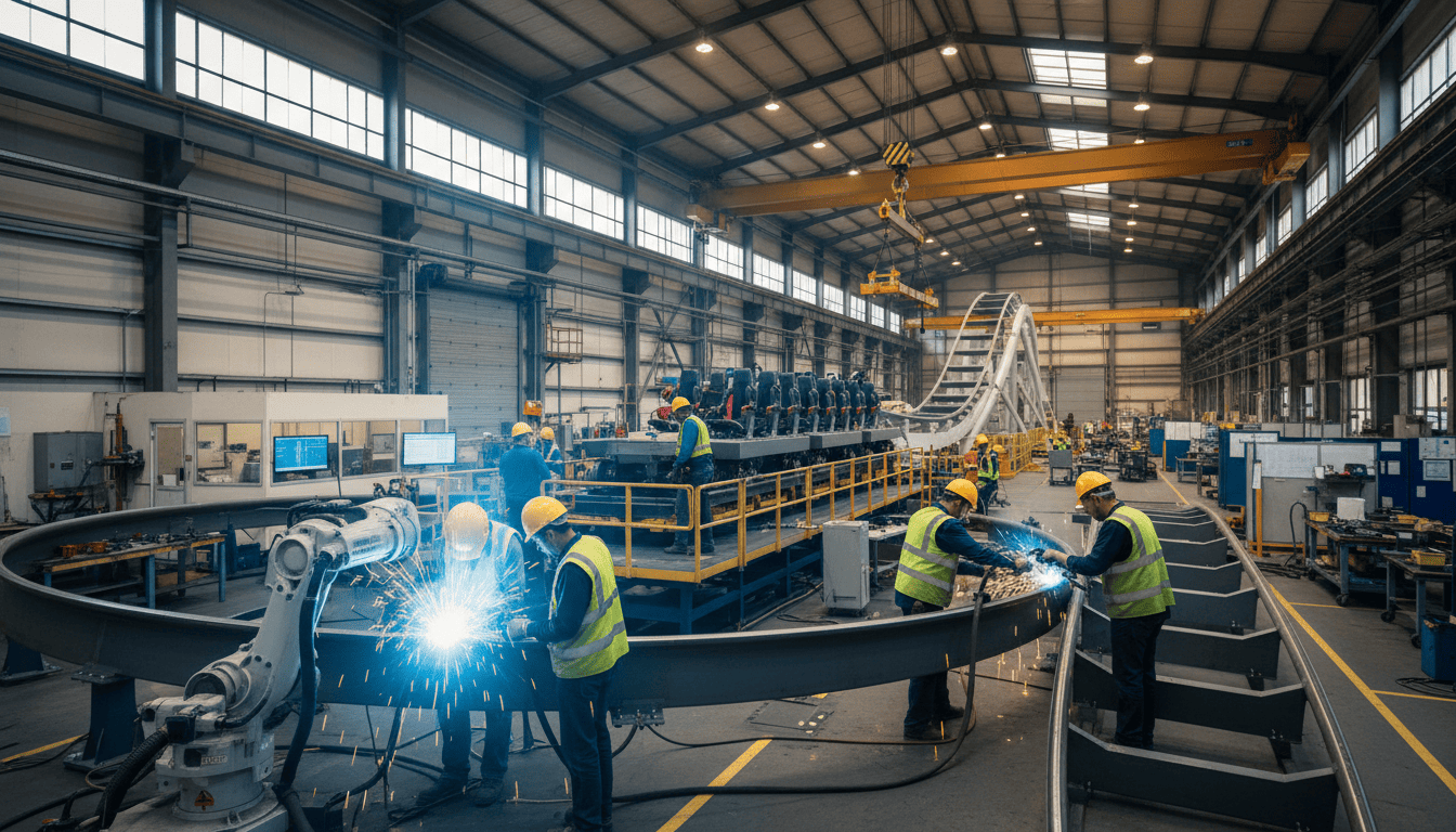 Workers welding a rollercoaster track section inside a large factory.