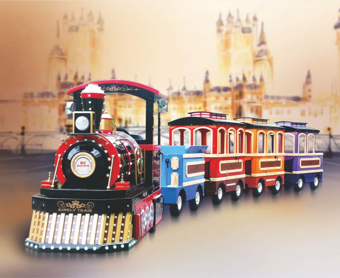 Tren eléctrico sin vías de estilo real con vagones coloridos y diseño inspirado en la caoba, Kingly Trackless Train - SUNHONG
