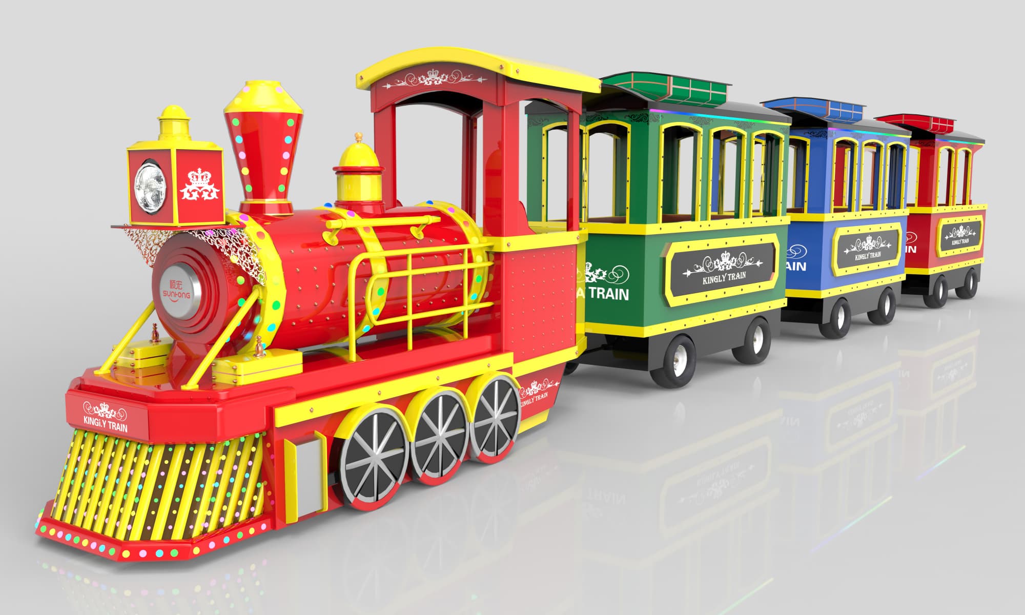 Tren eléctrico real colorido sin vías con vagones de pasajeros rojos, verdes, azules y amarillos, ideal para parques temáticos - SUNHONG