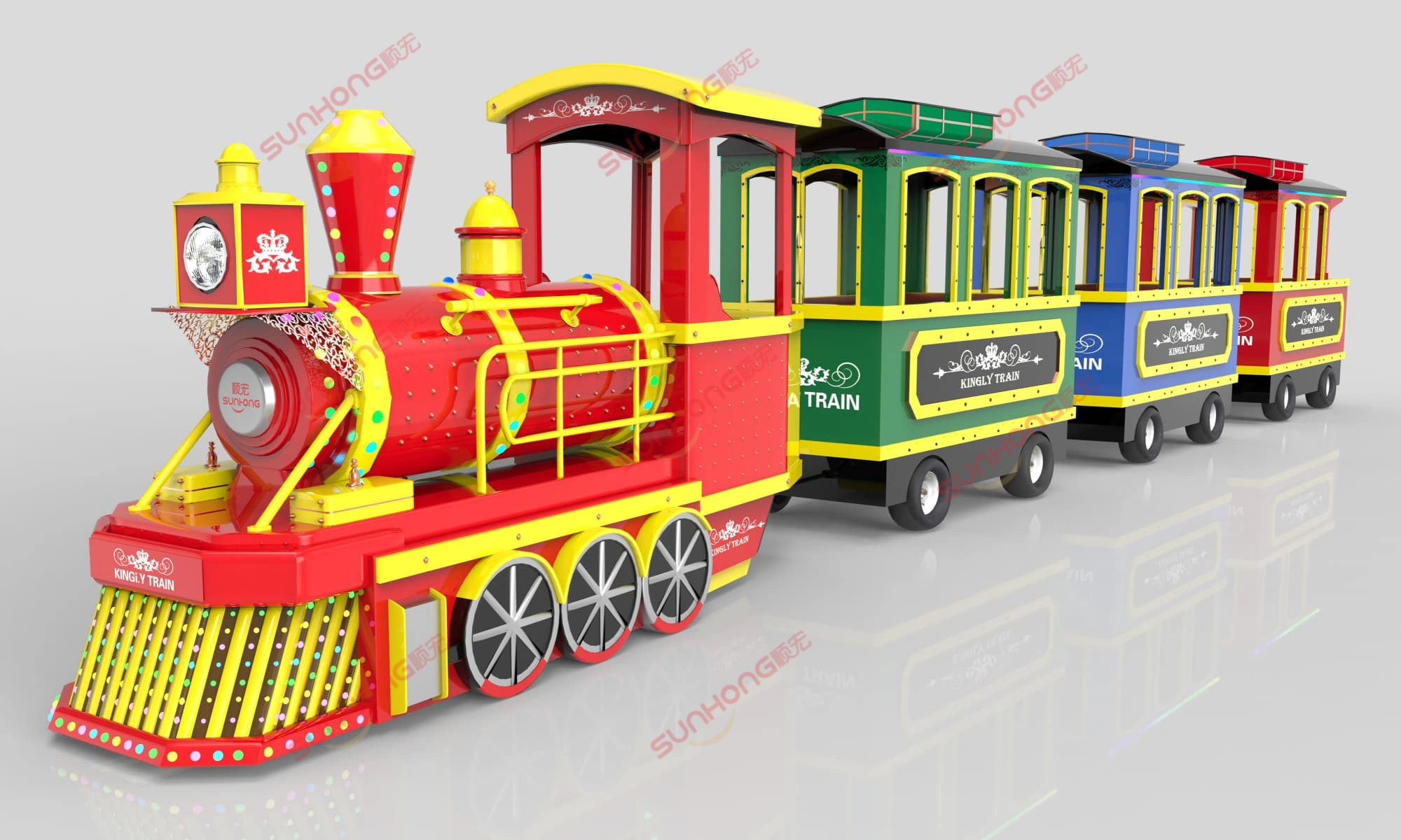 royal-trackless-electric-train-colorful-version.jpg - SUNHONG 色彩缤纷的皇家无轨电动火车,配有红色、绿色、蓝色和黄色的客车,非常适合主题公园 - SUNHONG