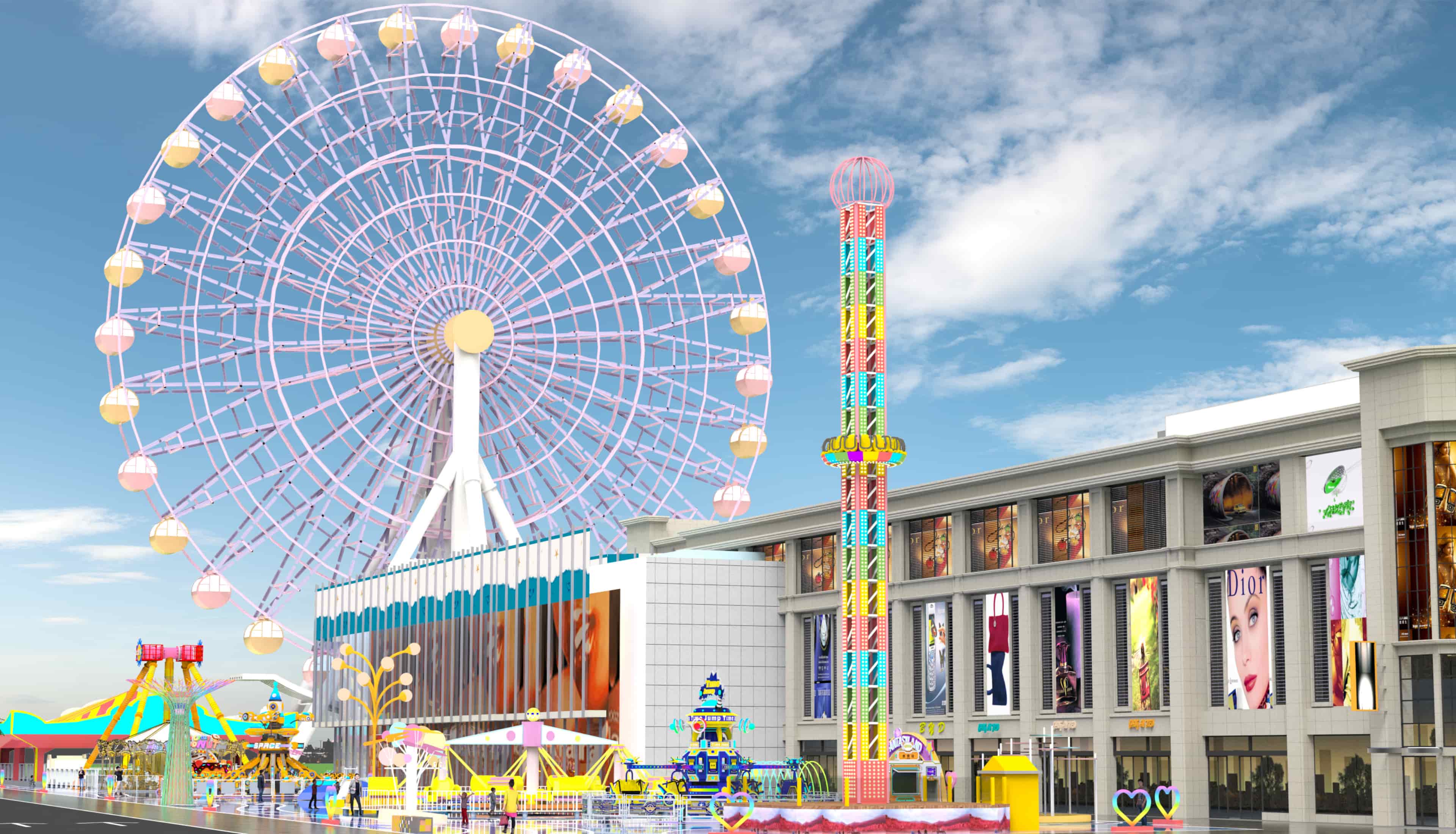 Концепция дизайна парка развлечений в профессиональной коммерческой зоне с колесом обозрения и аттракционом «Падение». Решения для тематических парков, объединяющие культовые аттракционы с оживленной торговой и развлекательной средой. - SUNHONG