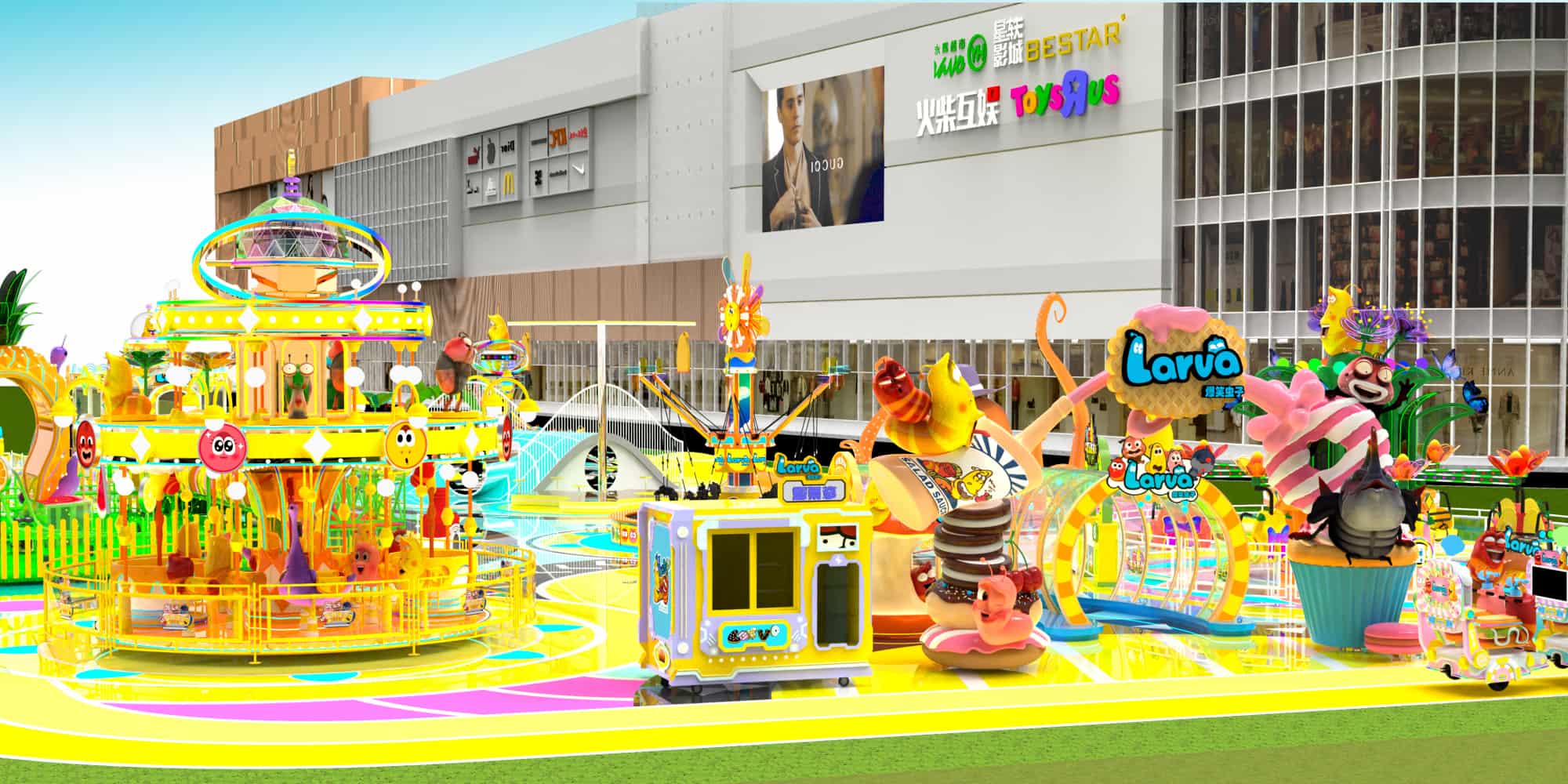 Amusement park layout design for Shopping Mall Larva Theme Park Project, theme park project ideas combining mall facade with rides and attractions - SUNHONG