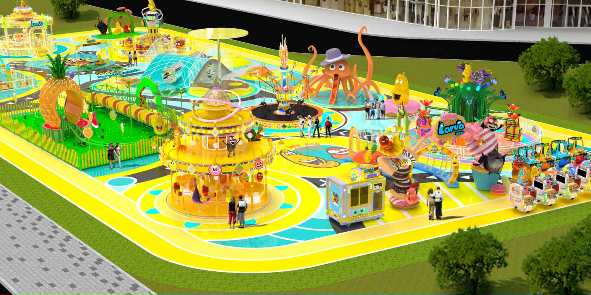 Theme park layout ideas for Shopping Mall Larva Theme Park Project, amusement park layouts with ride distribution and family attractions - SUNHONG