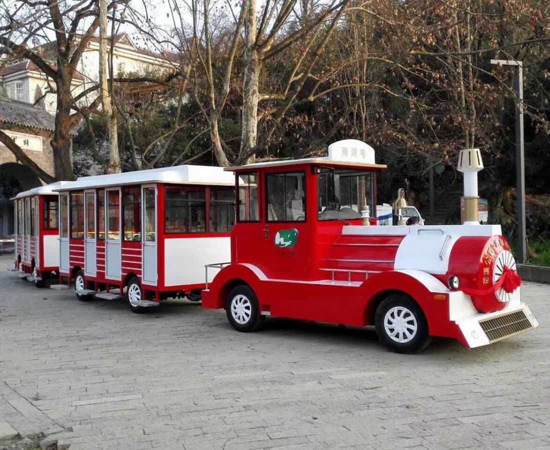 Red Exalted Version Sightseeing Train Ride with multiple passenger carriages for scenic park tours - SUNHONG