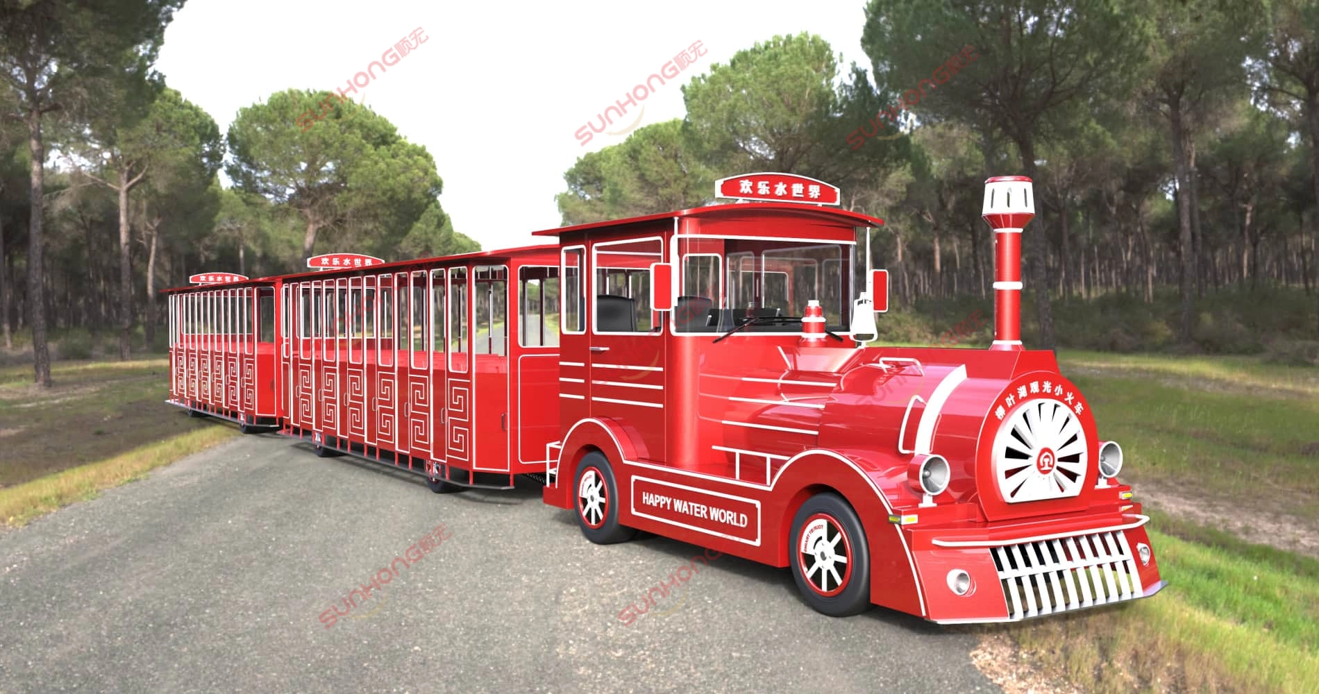 trem turístico vermelho branco design retrô floresta - SUNHONG Trem turístico vermelho e branco com design retrô viajando pela estrada florestal, ideal para passeio em parque de diversões - SUNHONG