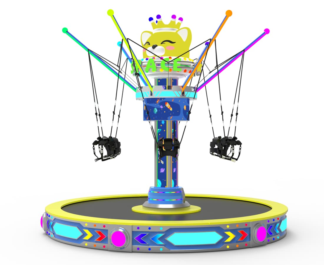 Vista frontal em 3D do brinquedo de bungee jumping Space Jump mostrando a estrutura e o design completos