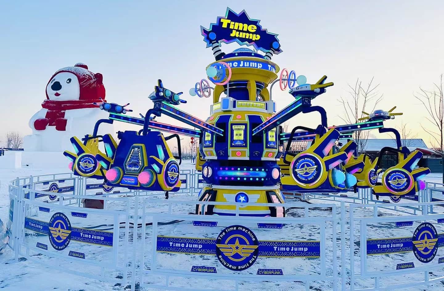 Colorful Time Jump spinning rides for sale at an outdoor cold snow amusement park. Colorful Time Jump spinning rides for sale at an outdoor cold snow amusement park.