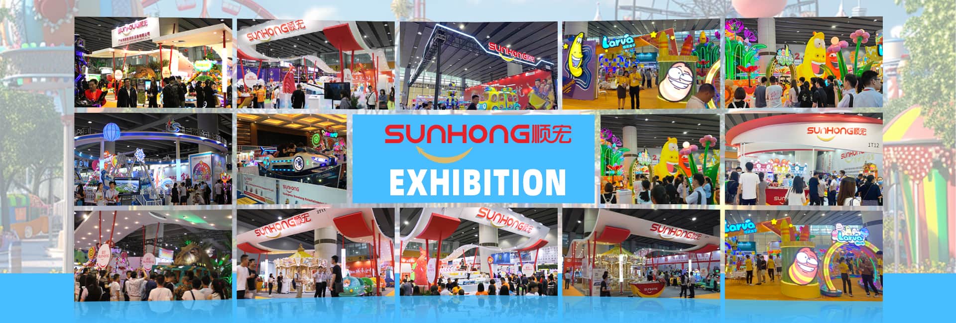 SUNHONG amusement rides exhibition showing multiple rides and Larva-themed attractions with visitors exploring the booths. - SUNHONG