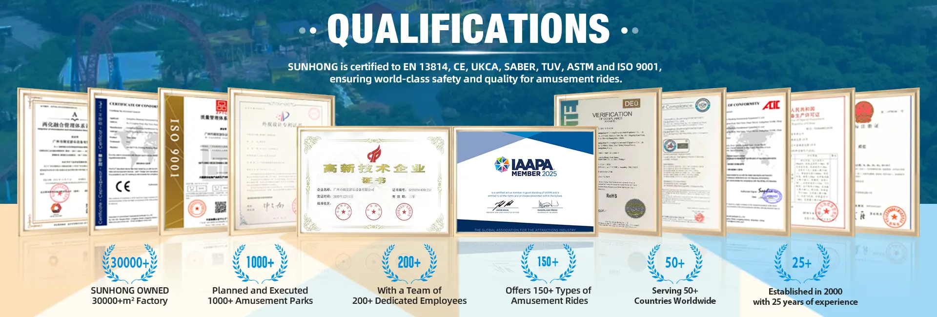 Certificates and qualifications of SUNHONG, including CE, ISO 9001, IAAPA membership, and other international safety and quality standards for amusement rides. - SUNHONG
