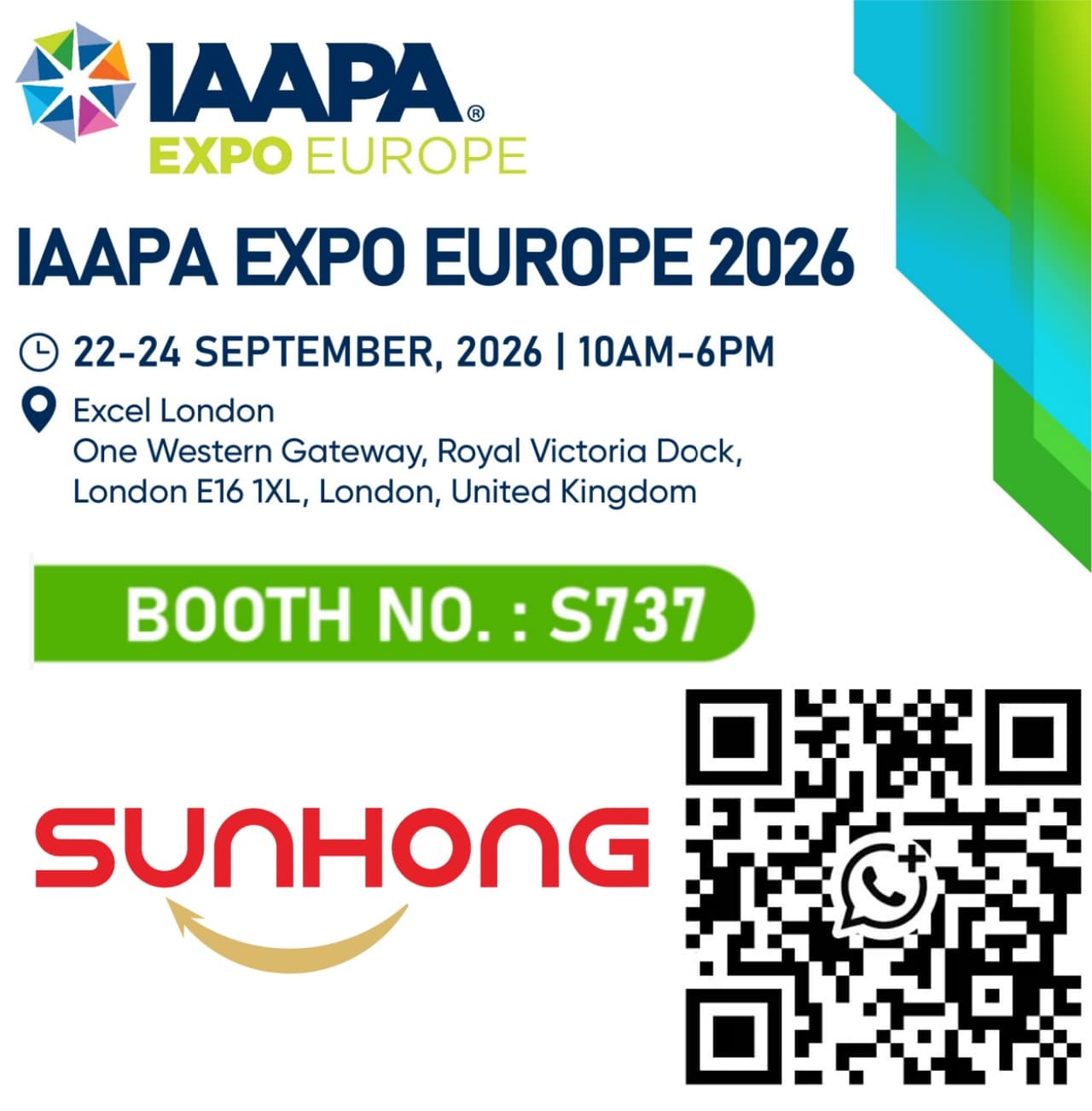 Jemputan SUNHONG IAAPA Expo Asia 2026 Hong Kong dengan lokasi reruai, butiran tempat dan kod QR hubungan WeChat untuk pertanyaan perniagaan wahana hiburan - SUNHONG