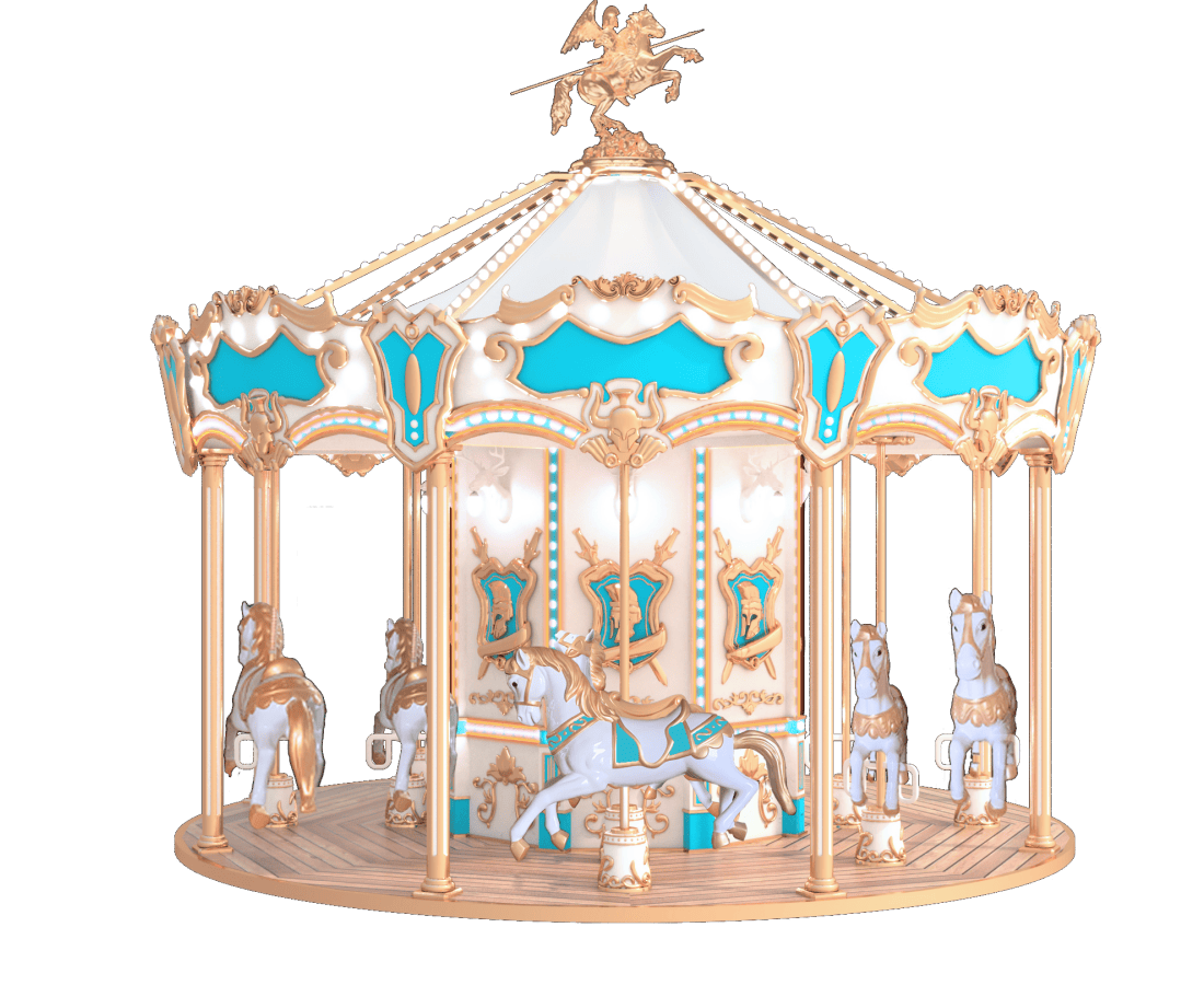 Carrossel azul e dourado com cavalos. SUNHONG-knight-sparta-12p-carousel-blue-main