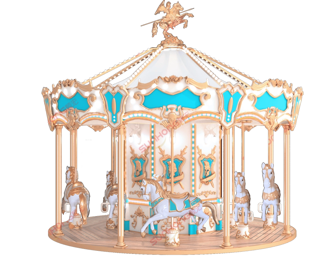 SUNHONG-knight-sparta-12p-carousel-blue-main - SUNHONG Blue & gold carousel with horses. SUNHONG-knight-sparta-12p-carousel-blue-main - SUNHONG