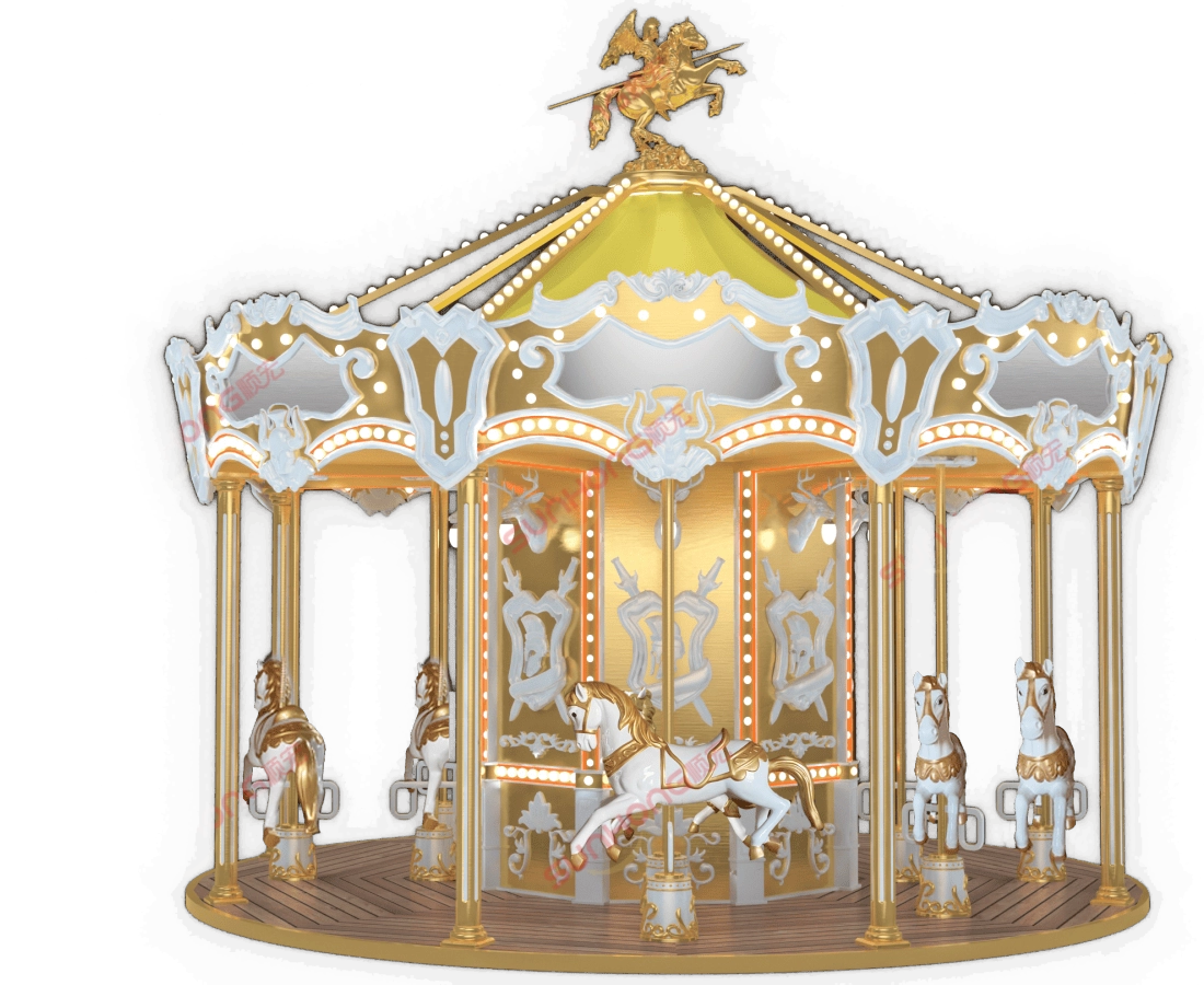 SUNHONG-knight-sparta-12p-carousel-gold-main - SUNHONG Gold SUNHONG-knight-sparta-12p-carousel-gold-main with horses and knight on top. - SUNHONG