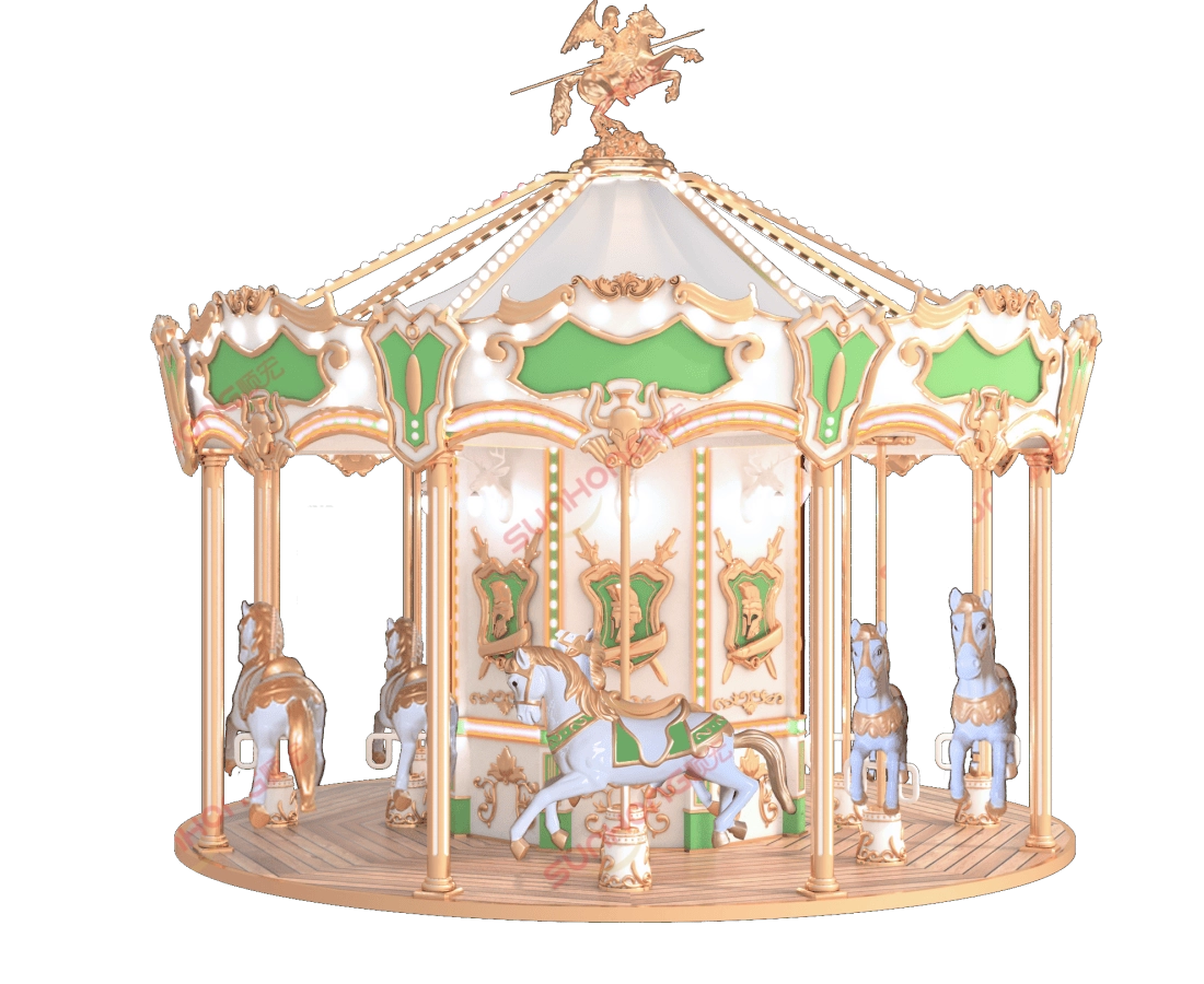 SUNHONG-knight-sparta-12p-carousel-Green-main - SUNHONG SUNHONG-knight-sparta-12p-carousel-Green-main: A green, gold, and white carousel. - SUNHONG