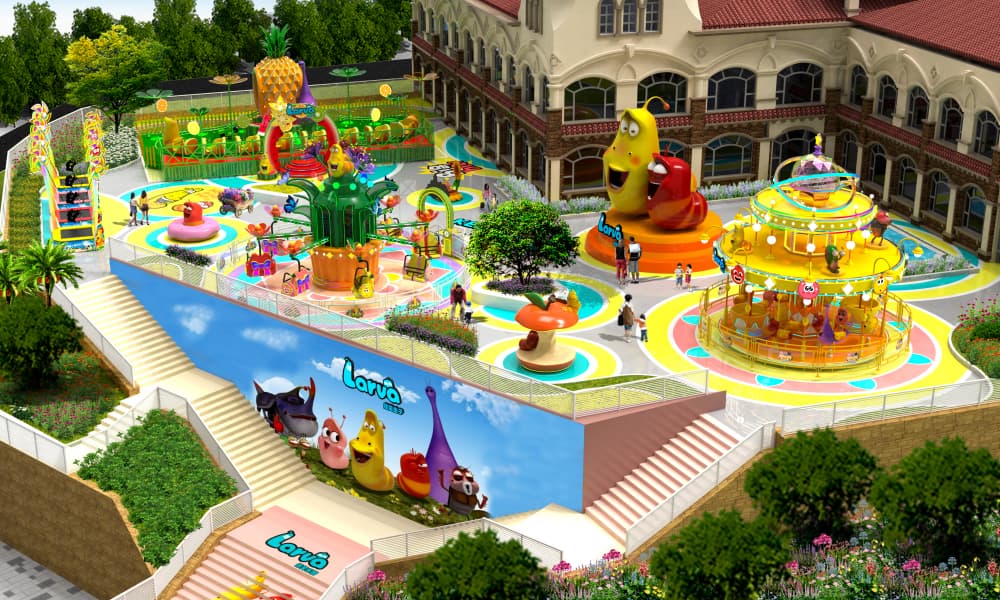 3D design of SUNHONG Larva-themed amusement ride park for hotels and resorts funfairs, featuring colorful rides, playgrounds, and family attractions. - SUNHONG