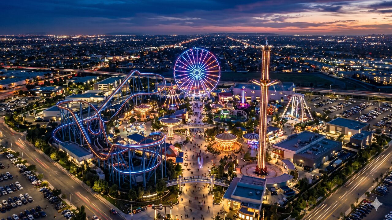 sweeping aerial view of a modern amusement park - SUNHONG