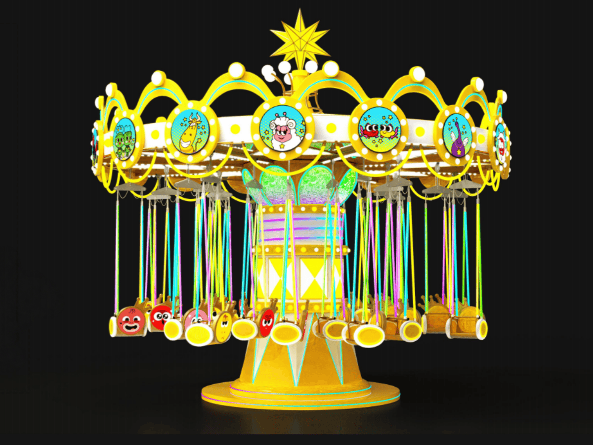 Colorful swing carousel ride with IP-themed flying chairs, perfect for amusement parks.