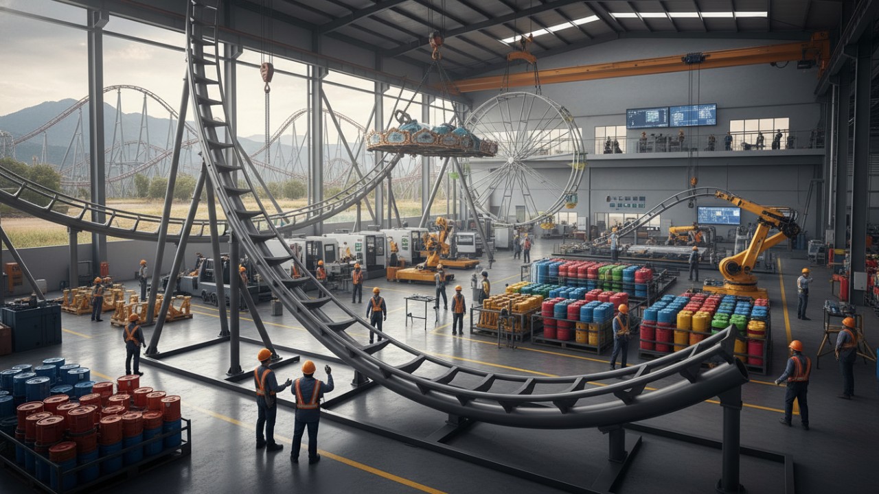 Amusement park rides, including a roller coaster and Ferris wheel, being assembled in a factory setting with workers and robotic arms.