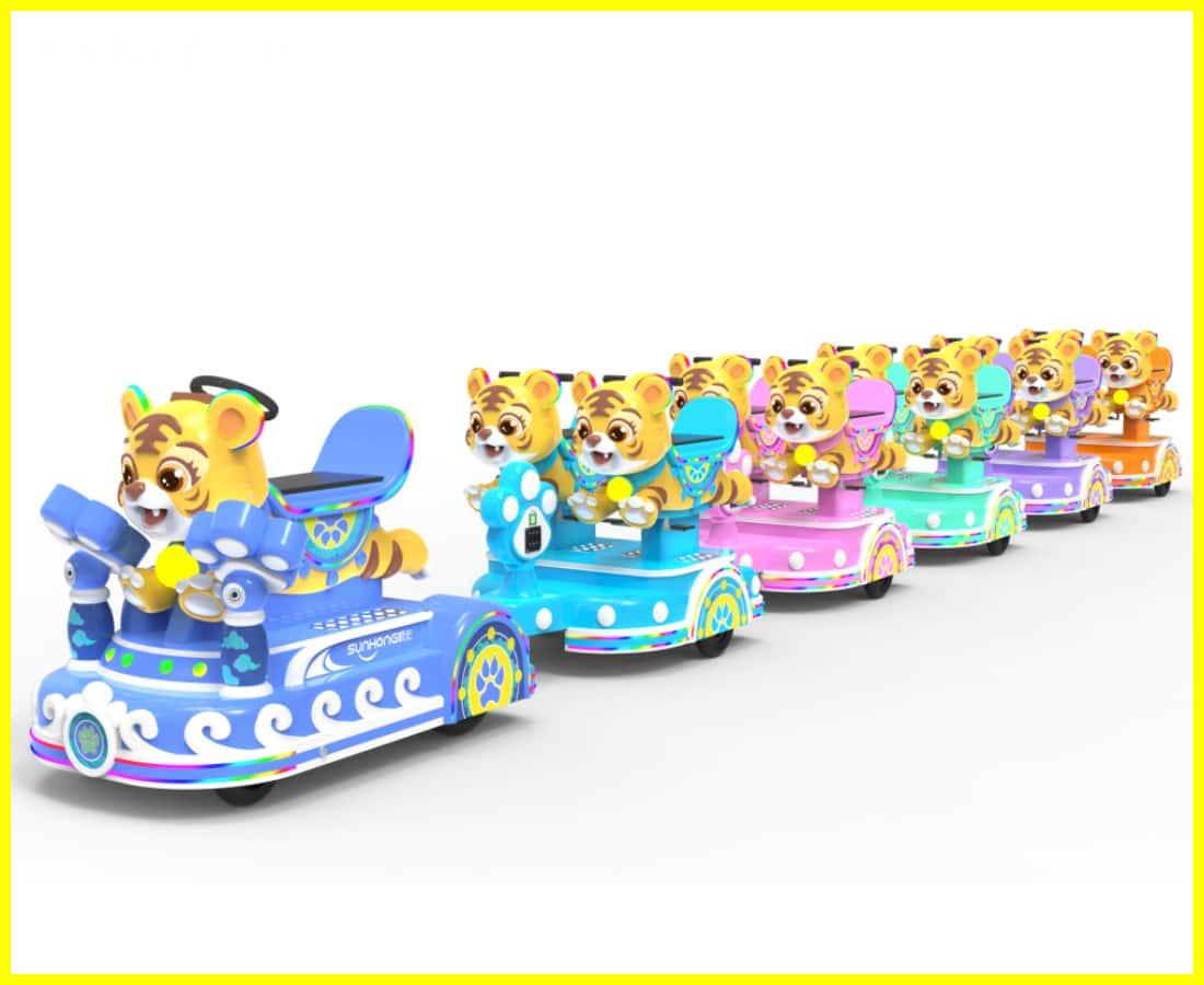 Conjunto completo de pequenos passeios de trenzinho sem trilhos coloridos da Tigger, alinhados para diversão em família. - SUNHONG