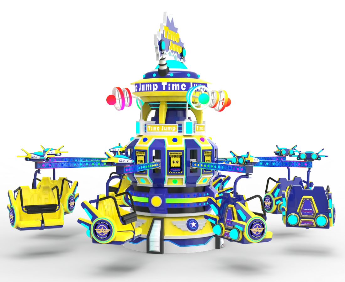 Pandangan hadapan 3D Time-Jump-Plane-Rides dengan kereta kuning dan biru.