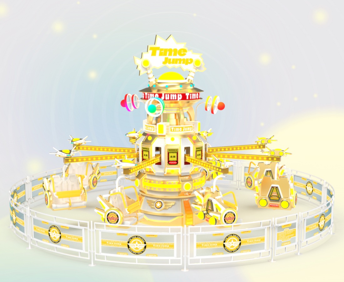 Pandangan utama 3D bagi tunggangan Time Jump bertema emas