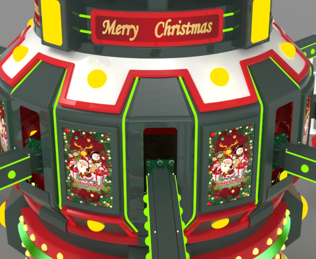 Gambar jarak dekat tiang tengah tunggangan Time Jump bertema Krismas