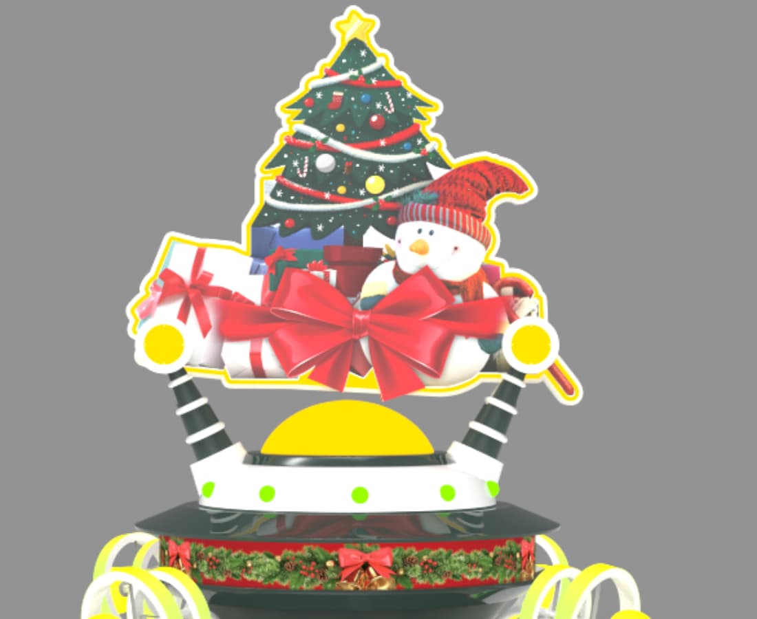 Gambar dekat Time Jump ride head dengan hiasan pokok Krismas