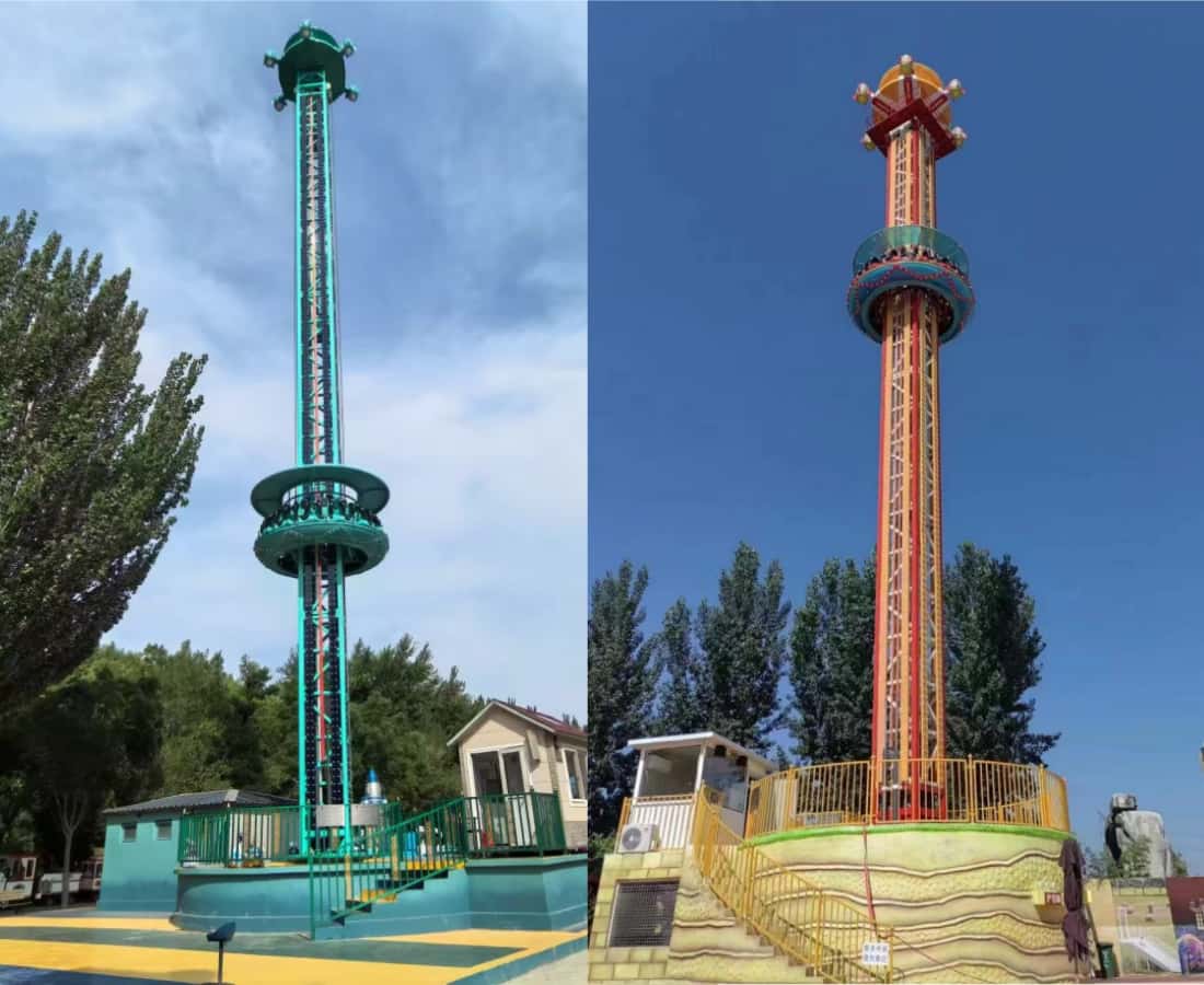 Two types of drop tower rides for sale with different colors and designs, ideal for thrill-seeking amusement park attractions - SUNHONG