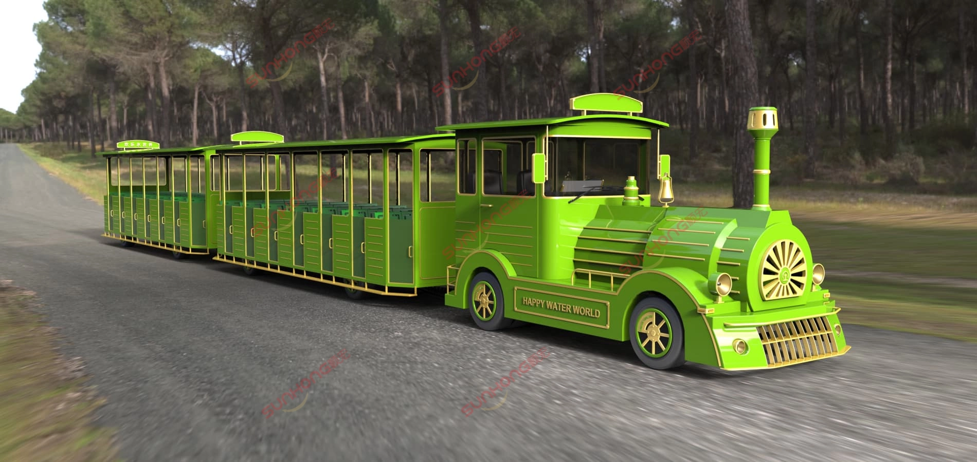 trem turístico sem trilhos floresta verde-amarela - SUNHONG Trem turístico verde e amarelo sem trilhos circulando pela estrada florestal para passeio em parque de diversões - SUNHONG