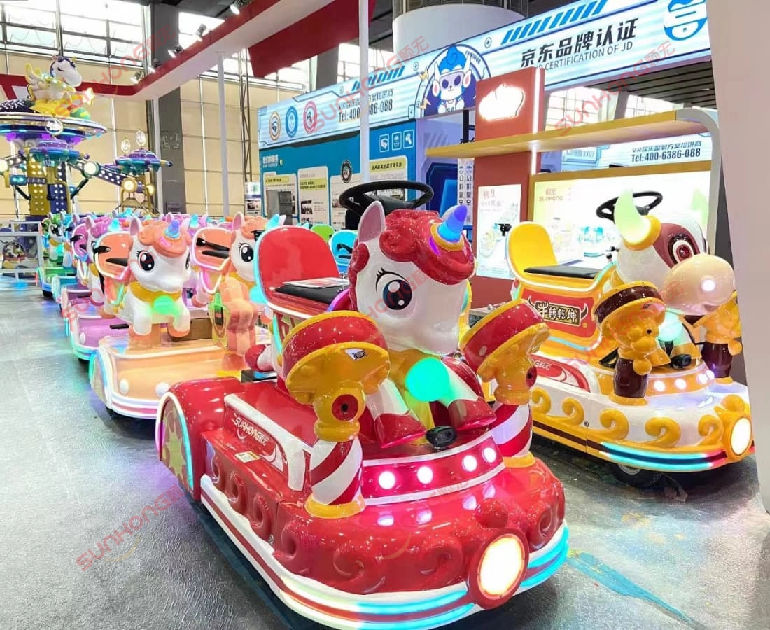 unicorn-trackless-train-exhibition - SUNHONG Unicorn trackless kiddie train on display at trade show with bright LED lights and fantasy design - SUNHONG