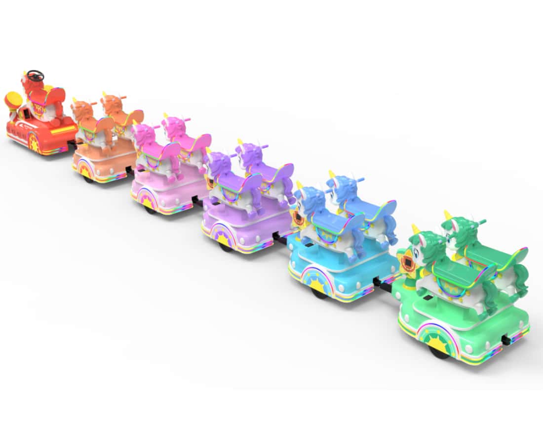 Vue arrière d&#39;un train sans rails sur le thème de la licorne montrant des wagons colorés dans l&#39;ordre de l&#39;arc-en-ciel - SUNHONG