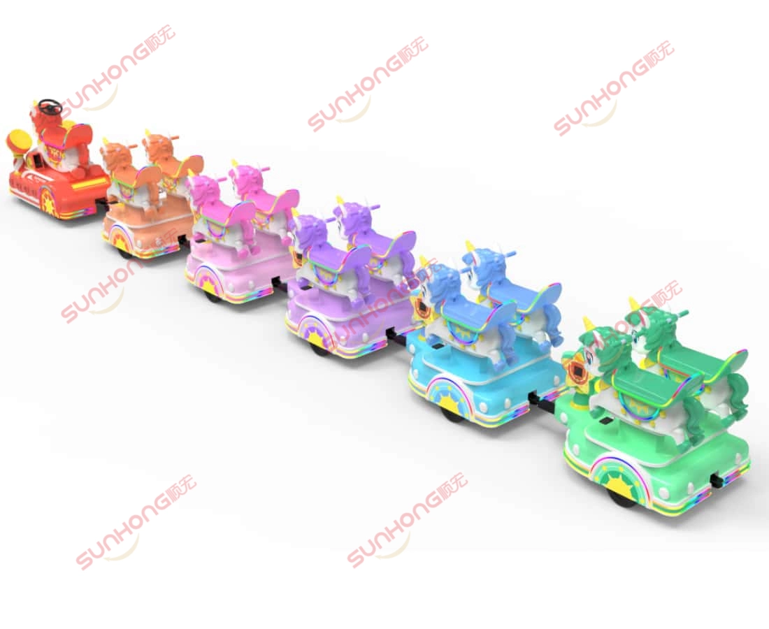 unicorn-train-back-view - SUNHONG Rear view of unicorn-themed trackless train showing colorful carriages in rainbow order - SUNHONG