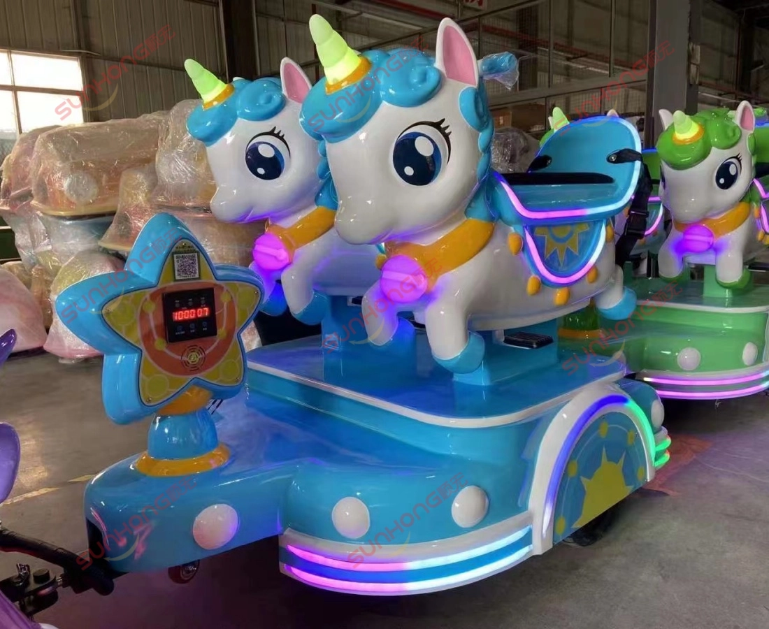 kereta-kereta-unicorn-biru-gerabak - SUNHONG Kereta kanak-kanak unicorn biru dengan lampu LED - SUNHONG