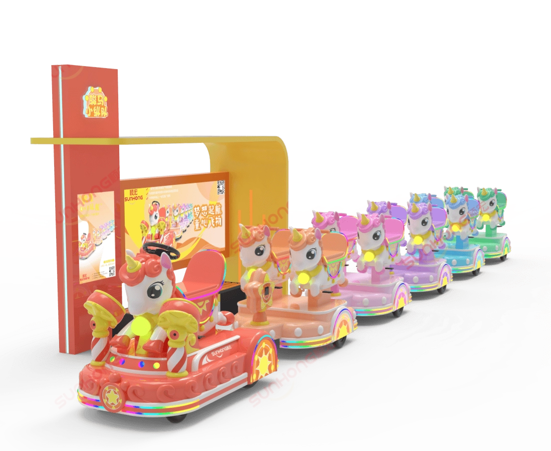 unicorn-train-rendering-with-station - SUNHONG Rendered image of unicorn trackless train with themed station, ideal for shopping malls or amusement parks - SUNHONG