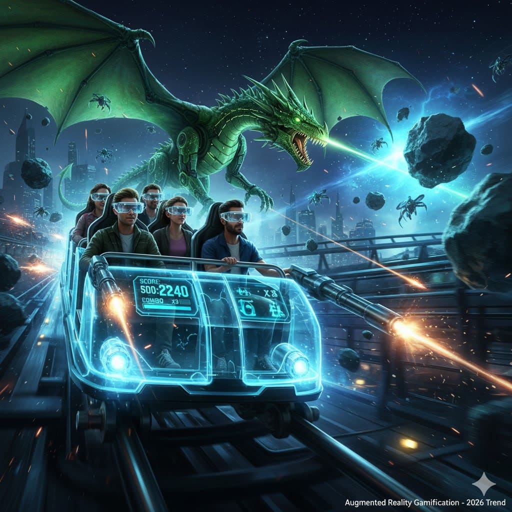 Augmented reality ride with people shooting at a green dragon and space debris.