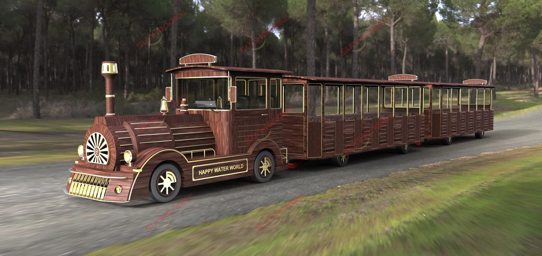 parque de diversões com tema de madeira, passeio de trem turístico - SUNHONG Passeio de trem turístico com tema de madeira para parques de diversão e resorts com detalhes dourados e design vintage - SUNHONG