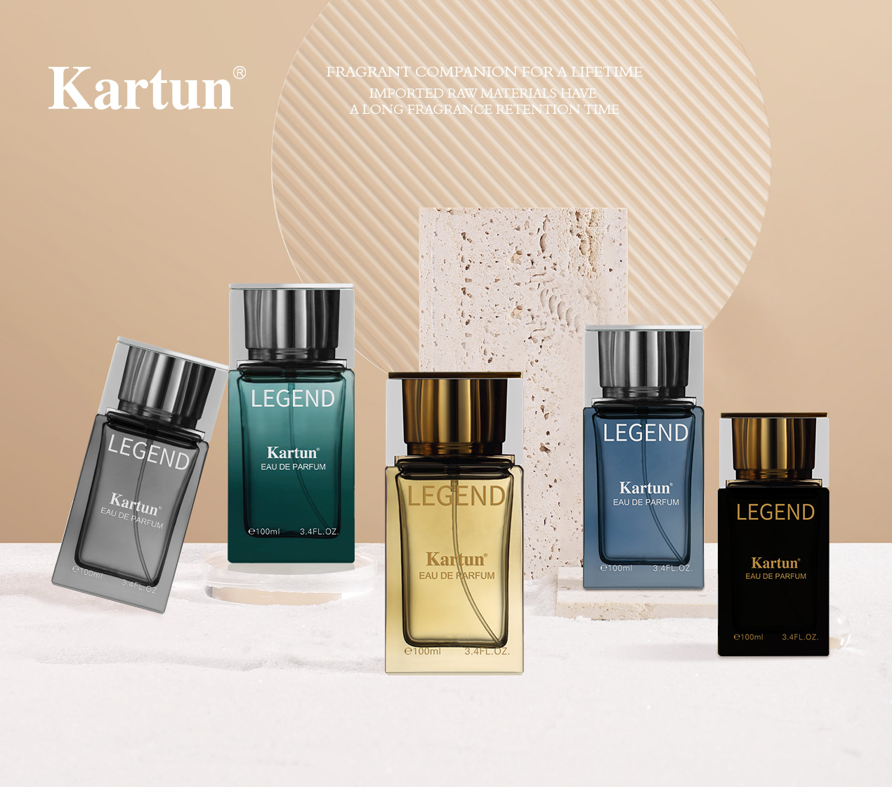 Kartun Legend Eau de Parfum bottles in various colors on a beige background.